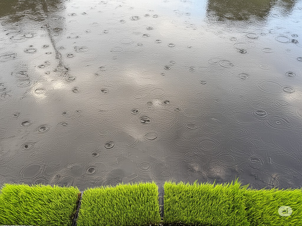 田植え前の雨が降っている田んぼ